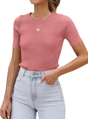 ZESICA Women's Short Sleeve Crewneck T Shirt 2025 Summer Ribbed Knit Slim Fit Basic Solid Color Tee Tops