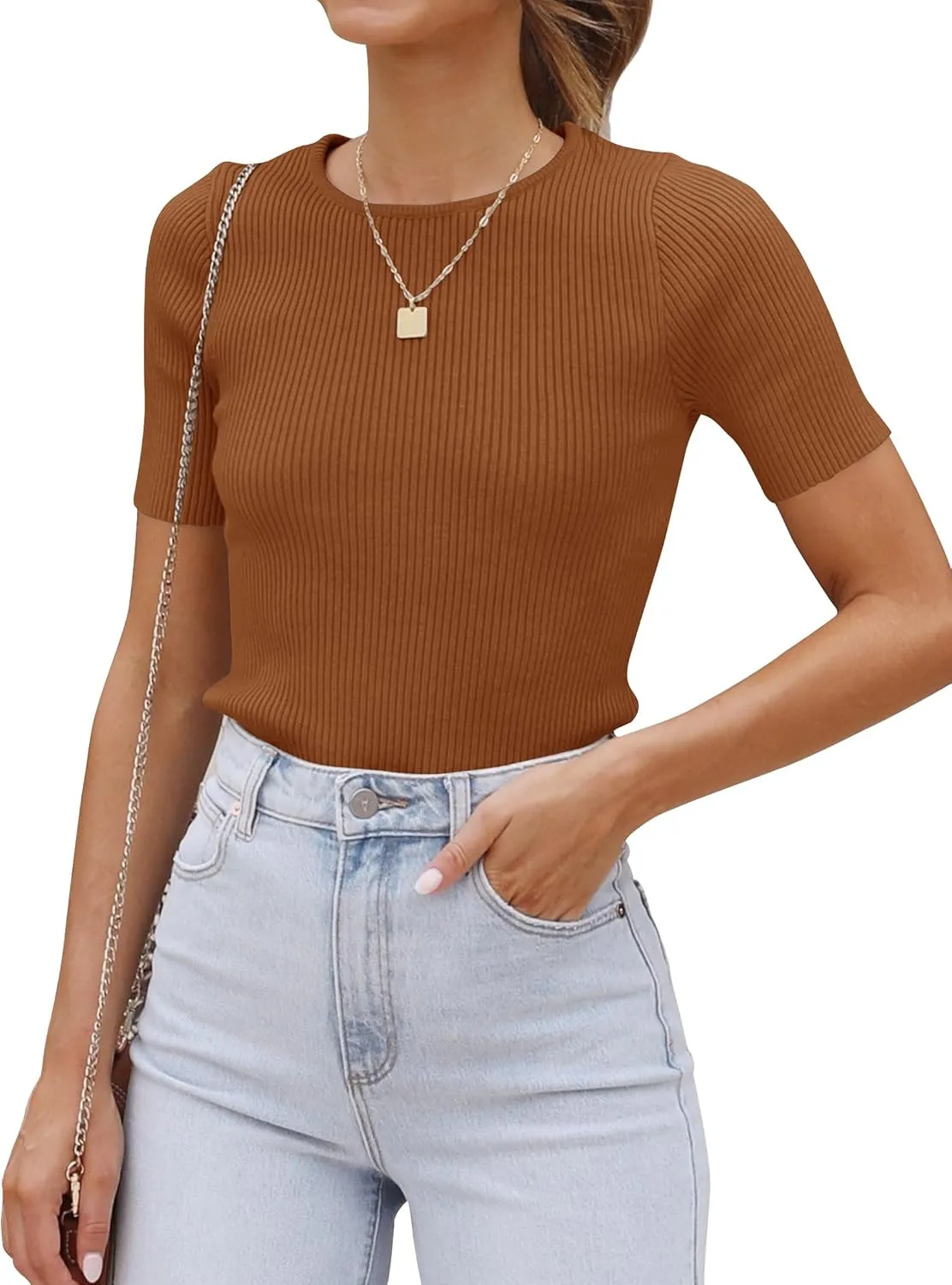 ZESICA Women's Short Sleeve Crewneck T Shirt 2025 Summer Ribbed Knit Slim Fit Basic Solid Color Tee Tops