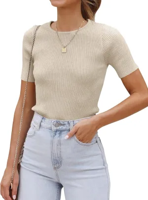 ZESICA Women's Short Sleeve Crewneck T Shirt 2025 Summer Ribbed Knit Slim Fit Basic Solid Color Tee Tops