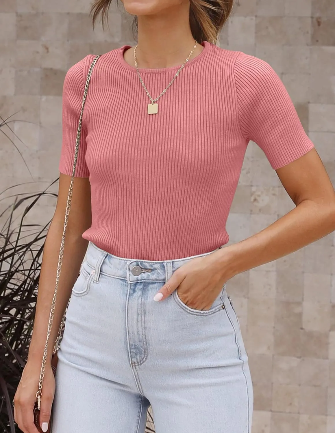 ZESICA Women's Short Sleeve Crewneck T Shirt 2025 Summer Ribbed Knit Slim Fit Basic Solid Color Tee Tops