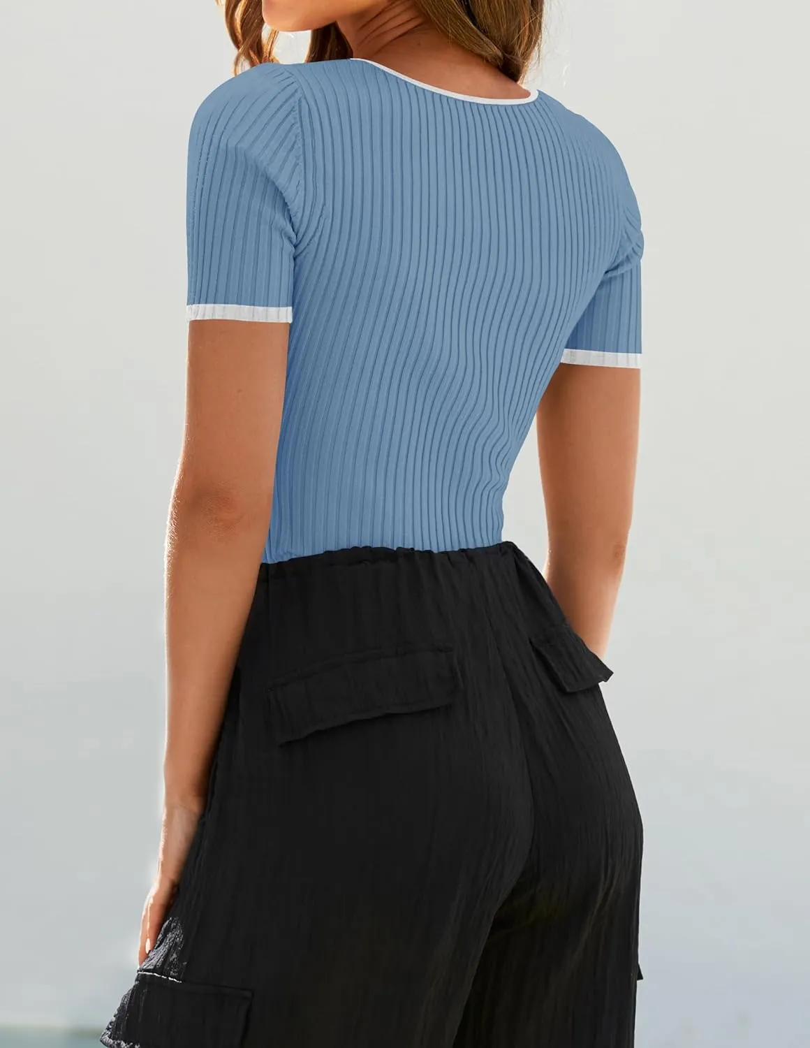 ZESICA Women's Short Sleeve Square Neck Color Block T Shirt 2025 Summer Slim Fit Ribbed Knit Basic Tee Tops