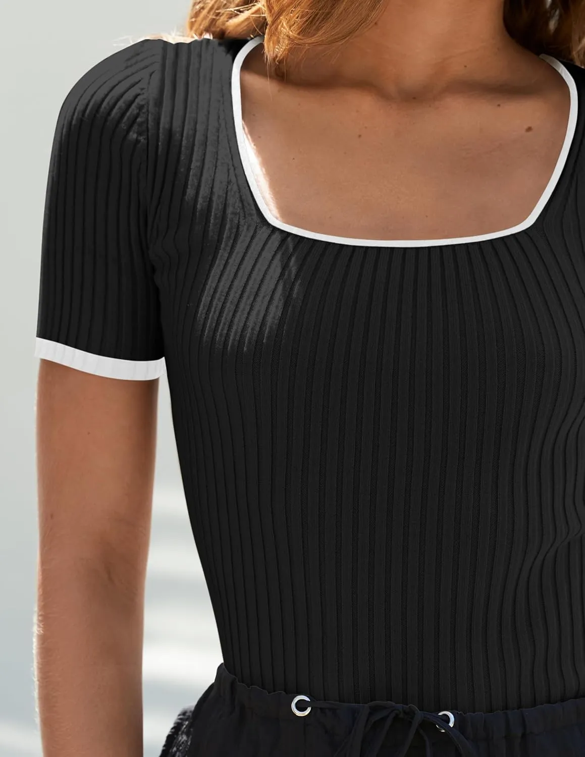 ZESICA Women's Short Sleeve Square Neck Color Block T Shirt 2025 Summer Slim Fit Ribbed Knit Basic Tee Tops