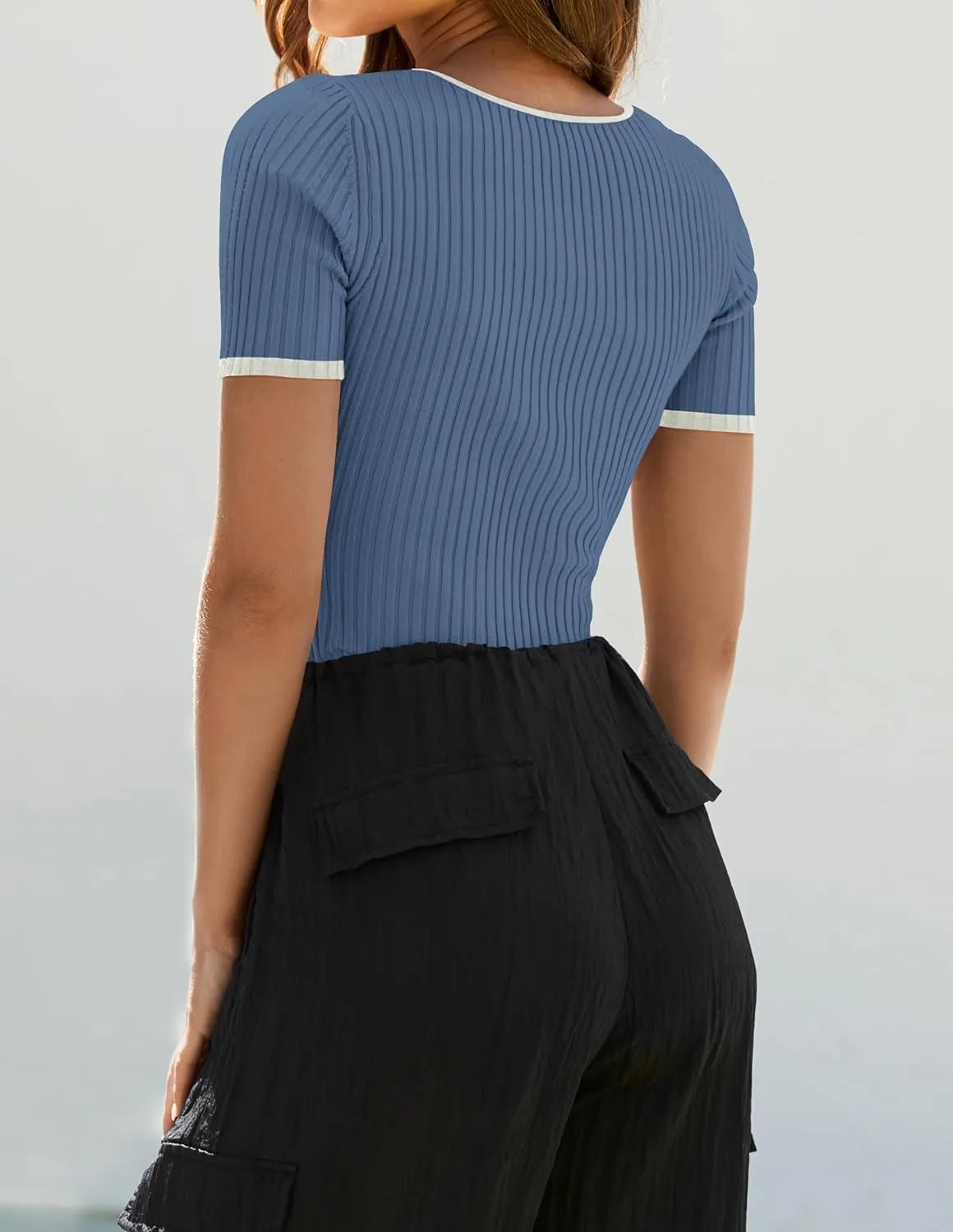 ZESICA Women's Short Sleeve Square Neck Color Block T Shirt 2025 Summer Slim Fit Ribbed Knit Basic Tee Tops