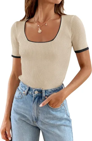 ZESICA Women's Short Sleeve Square Neck Color Block T Shirt 2025 Summer Slim Fit Ribbed Knit Basic Tee Tops