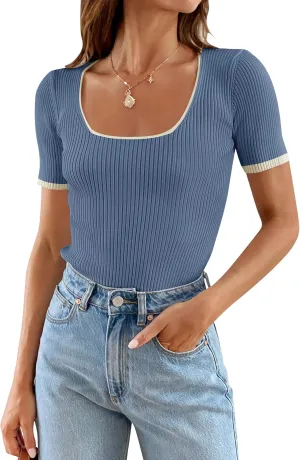 ZESICA Women's Short Sleeve Square Neck Color Block T Shirt 2025 Summer Slim Fit Ribbed Knit Basic Tee Tops