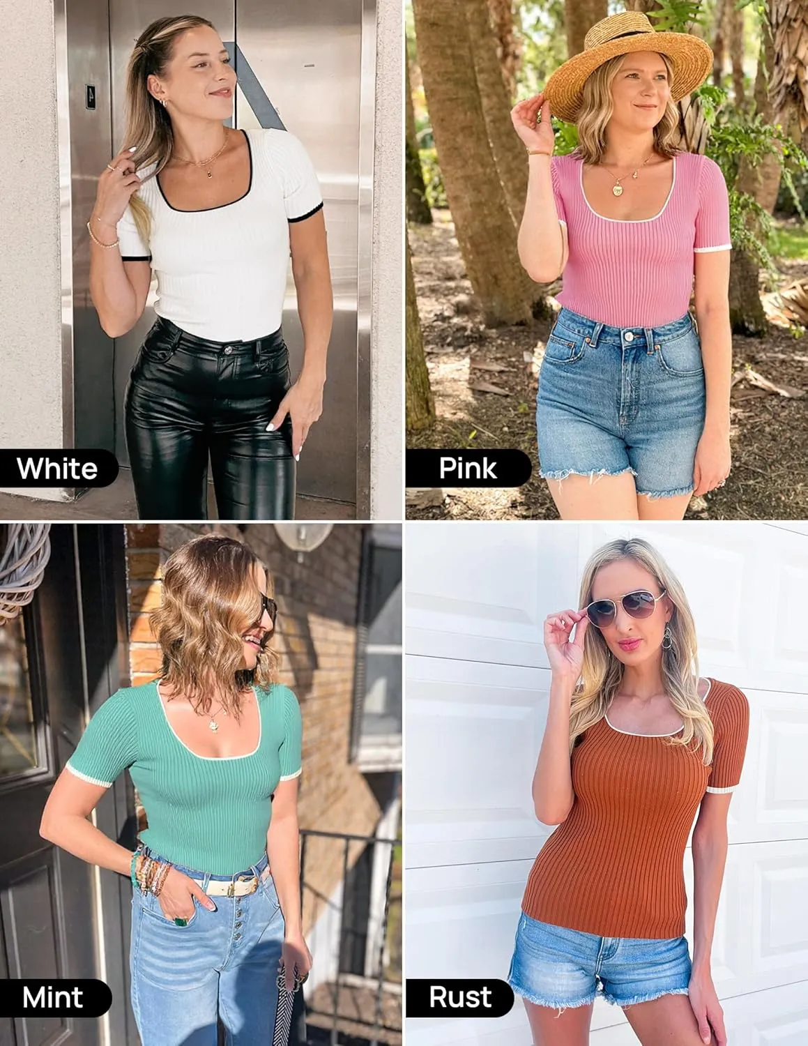 ZESICA Women's Short Sleeve Square Neck Color Block T Shirt 2025 Summer Slim Fit Ribbed Knit Basic Tee Tops