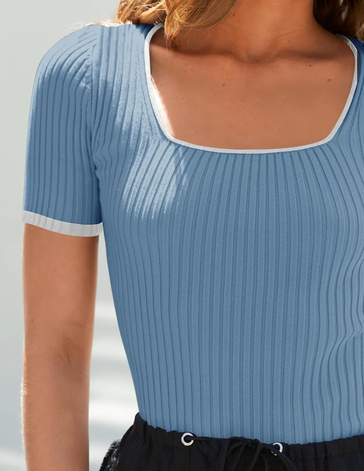 ZESICA Women's Short Sleeve Square Neck Color Block T Shirt 2025 Summer Slim Fit Ribbed Knit Basic Tee Tops