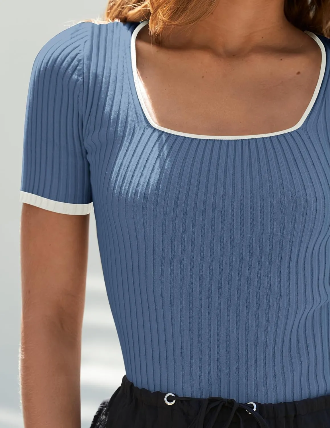 ZESICA Women's Short Sleeve Square Neck Color Block T Shirt 2025 Summer Slim Fit Ribbed Knit Basic Tee Tops
