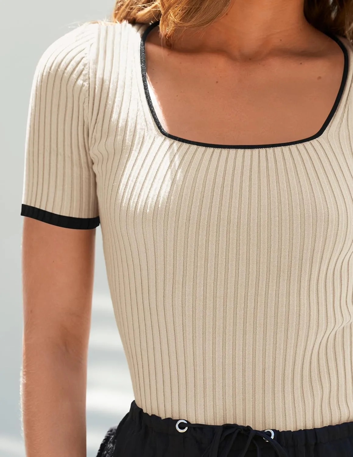ZESICA Women's Short Sleeve Square Neck Color Block T Shirt 2025 Summer Slim Fit Ribbed Knit Basic Tee Tops