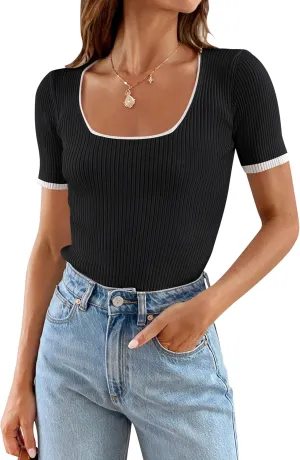 ZESICA Women's Short Sleeve Square Neck Color Block T Shirt 2025 Summer Slim Fit Ribbed Knit Basic Tee Tops