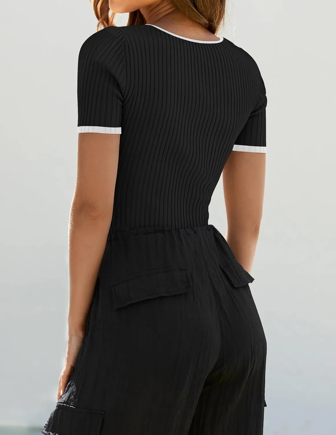 ZESICA Women's Short Sleeve Square Neck Color Block T Shirt 2025 Summer Slim Fit Ribbed Knit Basic Tee Tops