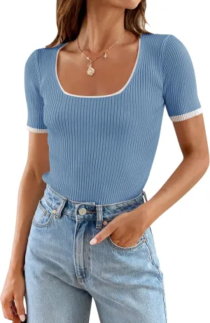 ZESICA Women's Short Sleeve Square Neck Color Block T Shirt 2025 Summer Slim Fit Ribbed Knit Basic Tee Tops