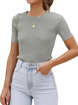 ZESICA Women's Short Sleeve Sweater Tops 2025 Summer Crewneck T Shirt Ribbed Knit Slim Fit Basic Solid Color Tee
