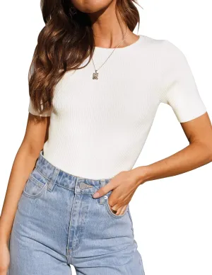 ZESICA Women's Short Sleeve Sweater Tops 2025 Summer Crewneck T Shirt Ribbed Knit Slim Fit Basic Solid Color Tee