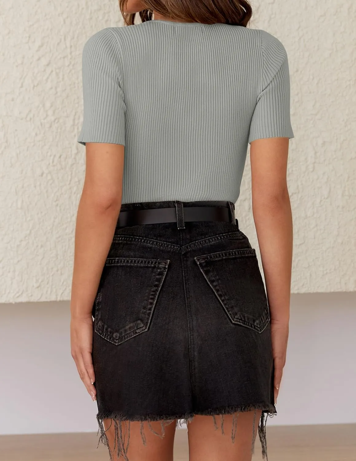 ZESICA Women's Short Sleeve Sweater Tops 2025 Summer Crewneck T Shirt Ribbed Knit Slim Fit Basic Solid Color Tee