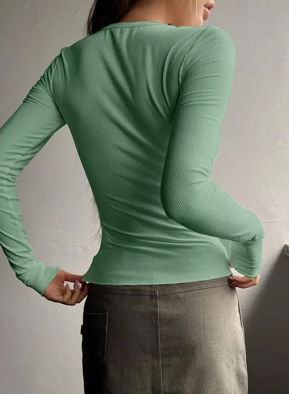 ZOCAVIA Womens Henley Shirts Button Down V Neck Long Sleeve Top Fashion Causal Slim Fit Ribbed Knit Solid T Shirt Y2K Blouses