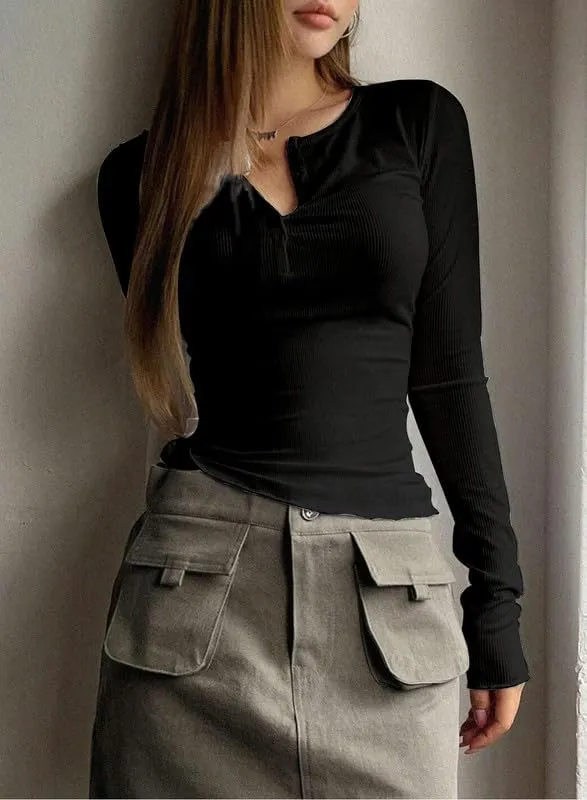 ZOCAVIA Womens Henley Shirts Button Down V Neck Long Sleeve Top Fashion Causal Slim Fit Ribbed Knit Solid T Shirt Y2K Blouses