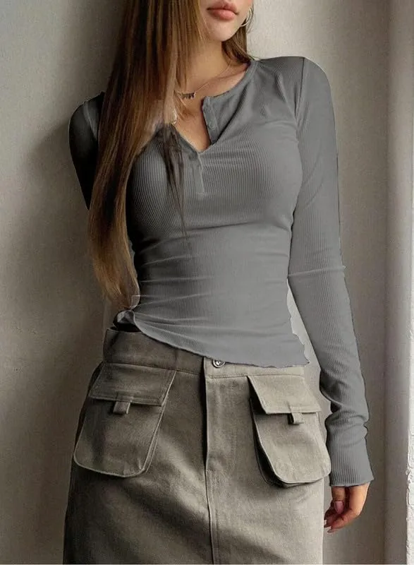 ZOCAVIA Womens Henley Shirts Button Down V Neck Long Sleeve Top Fashion Causal Slim Fit Ribbed Knit Solid T Shirt Y2K Blouses