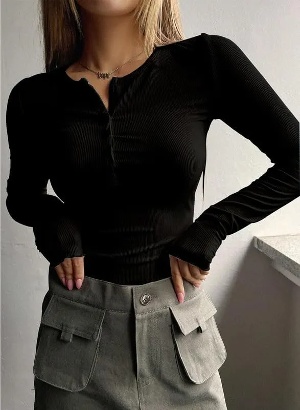 ZOCAVIA Womens Henley Shirts Button Down V Neck Long Sleeve Top Fashion Causal Slim Fit Ribbed Knit Solid T Shirt Y2K Blouses