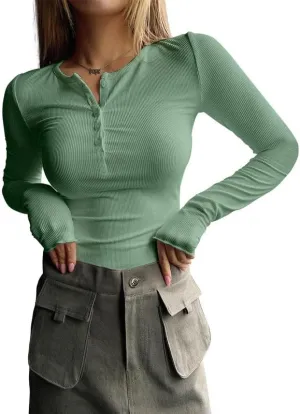 ZOCAVIA Womens Henley Shirts Button Down V Neck Long Sleeve Top Fashion Causal Slim Fit Ribbed Knit Solid T Shirt Y2K Blouses