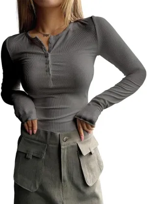 ZOCAVIA Womens Henley Shirts Button Down V Neck Long Sleeve Top Fashion Causal Slim Fit Ribbed Knit Solid T Shirt Y2K Blouses