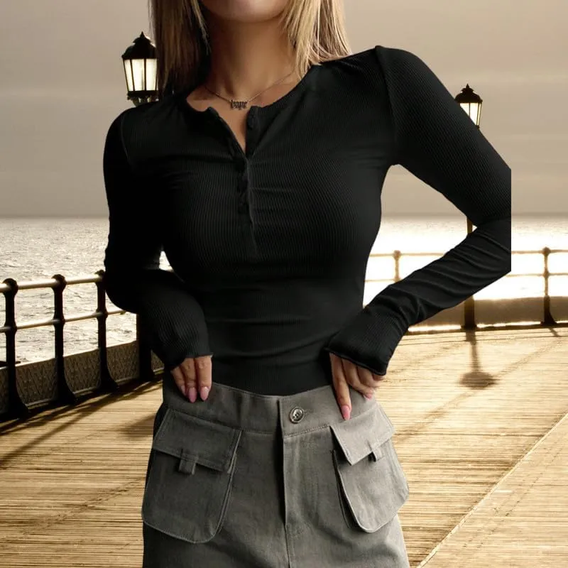 ZOCAVIA Womens Henley Shirts Button Down V Neck Long Sleeve Top Fashion Causal Slim Fit Ribbed Knit Solid T Shirt Y2K Blouses