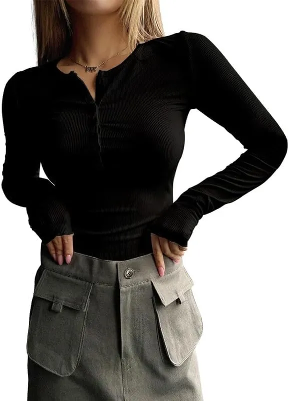 ZOCAVIA Womens Henley Shirts Button Down V Neck Long Sleeve Top Fashion Causal Slim Fit Ribbed Knit Solid T Shirt Y2K Blouses
