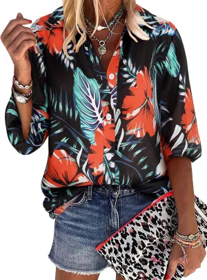 ZXZY Women Soft Dressy Floral Printed Button Down Tropical Hawaiian Shirt Blouse Tops